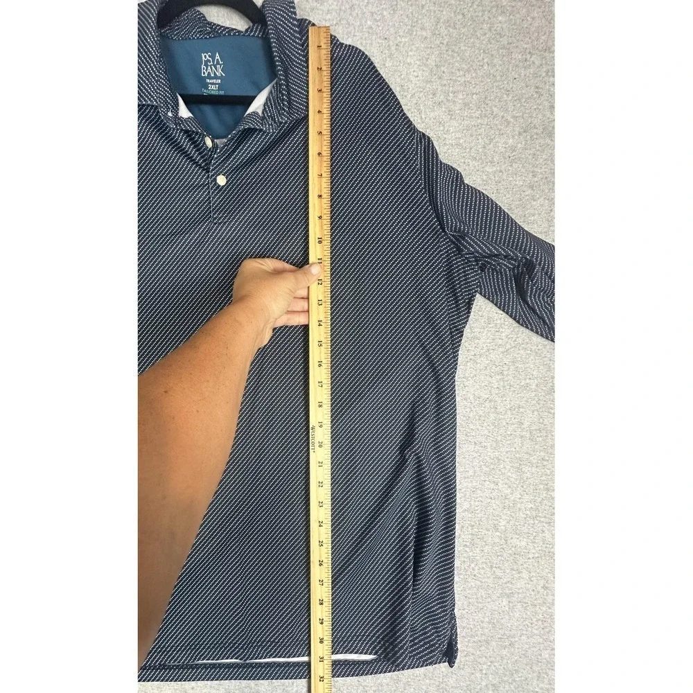 Jos A Bank Traveler Polo Shirt Mens 2XLT Navy Blue Long Sleeve Stretch Dot Print